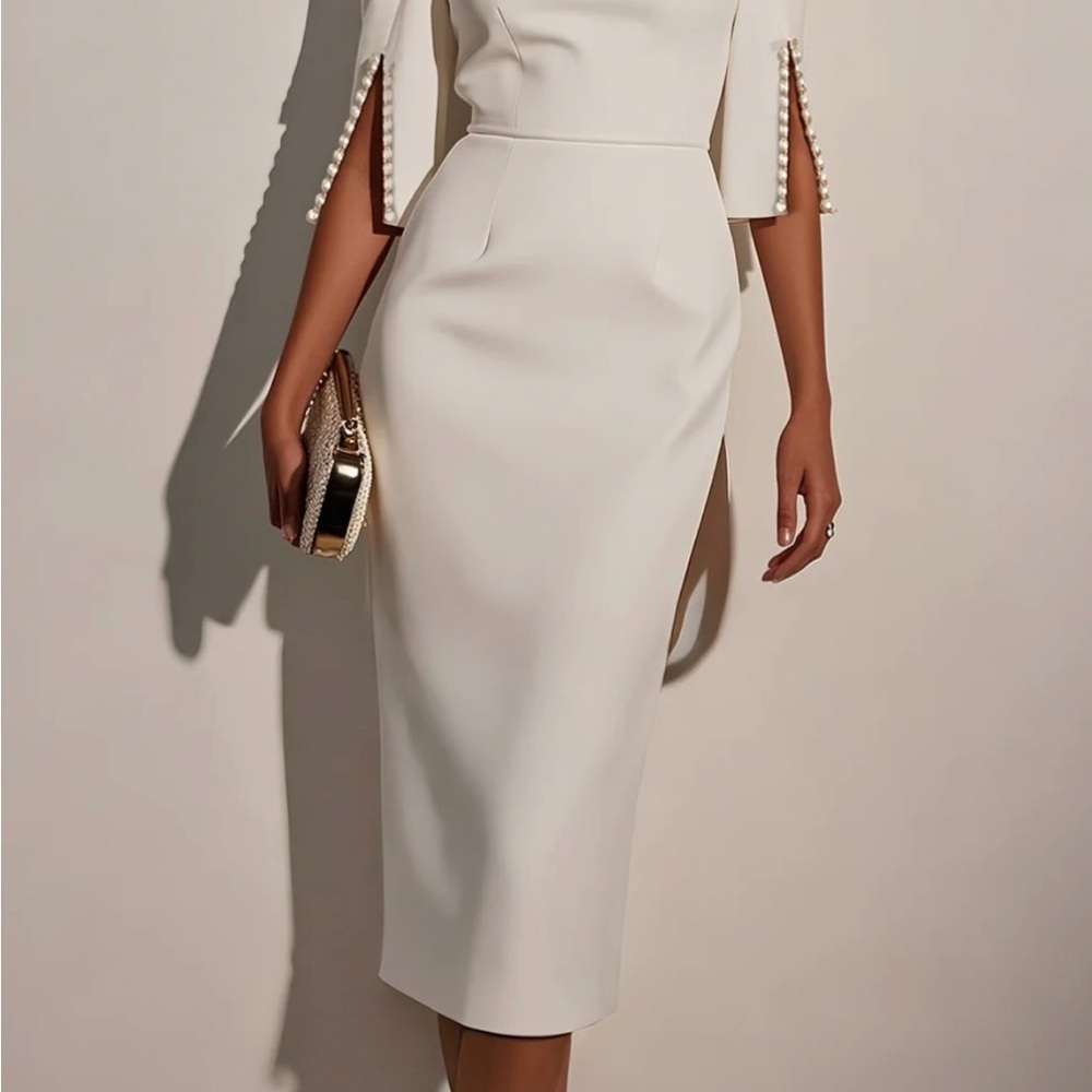 Elegant White Midi Dress with Pearl Accents